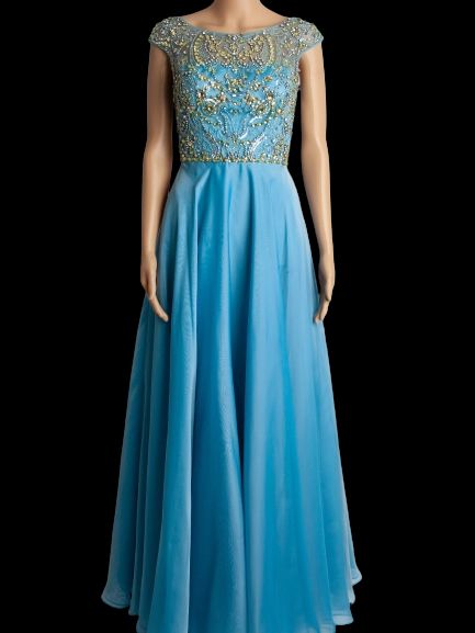 good sherri hill blue gown xs polyester with beadwork & cap sleeves