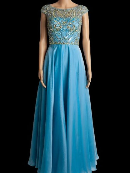 Good Sherri Hill Blue Gown XS Polyester with Beadwork & Cap Sleeves