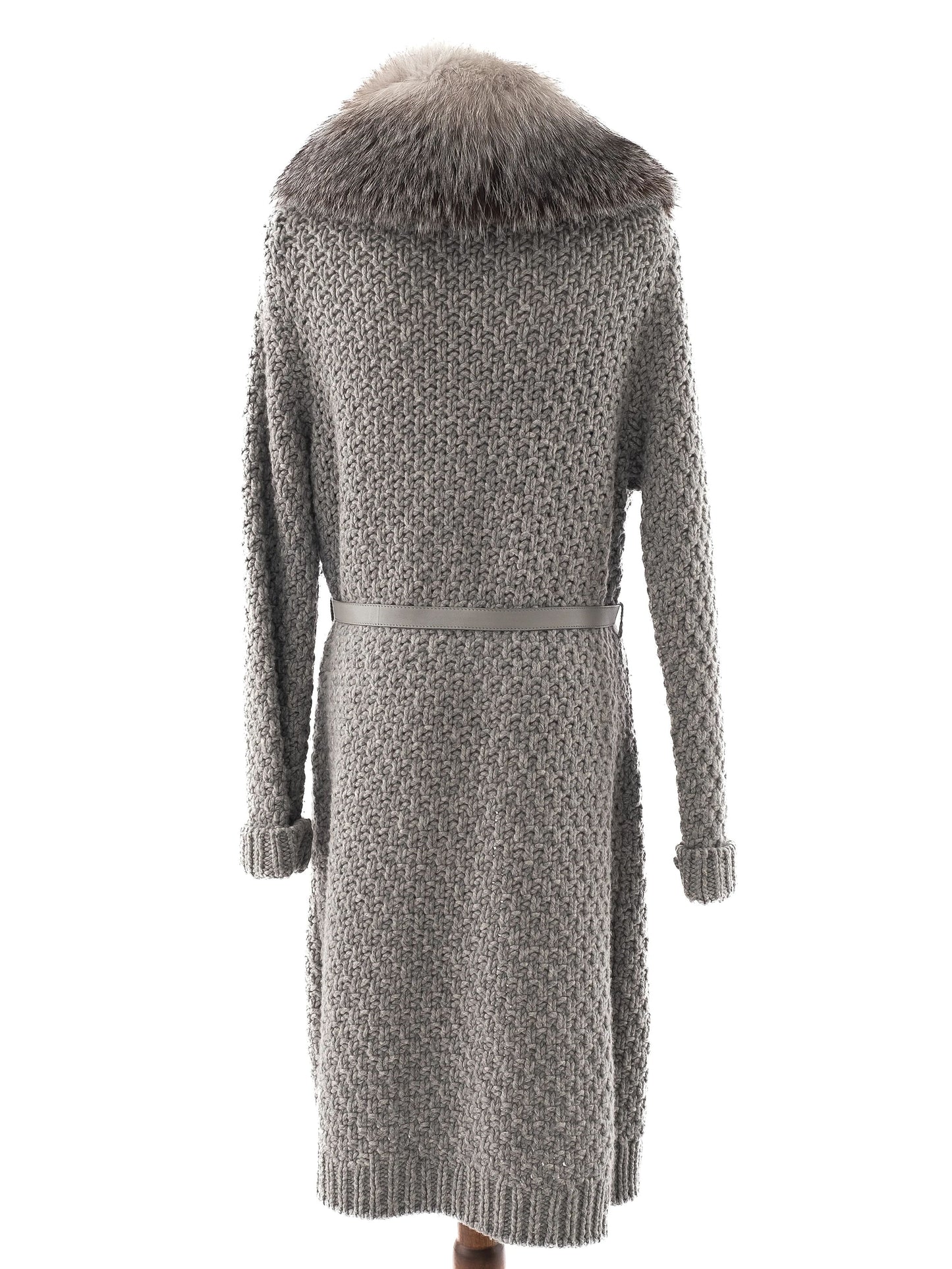 loro piana gray leather knit coat with faux fur collar size m