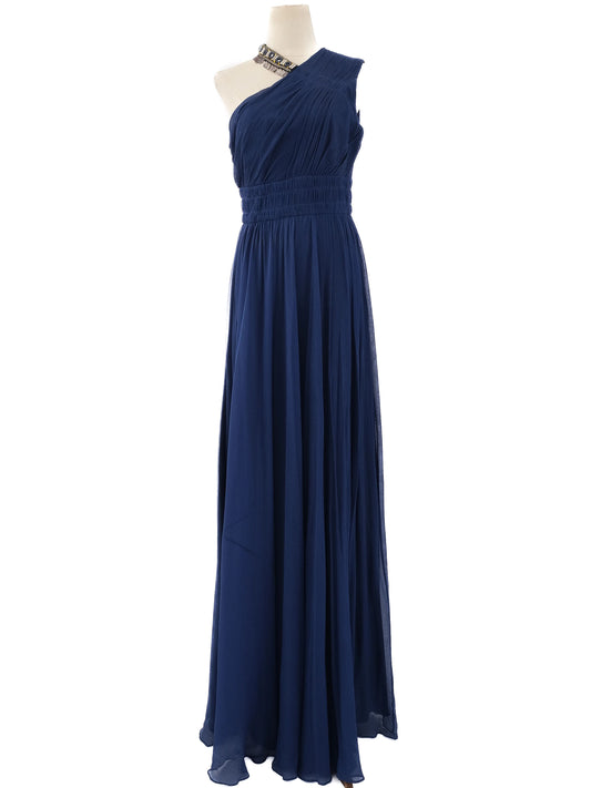 NEW Elegant Long One-Shoulder Navy Blue Silk Dress Size L