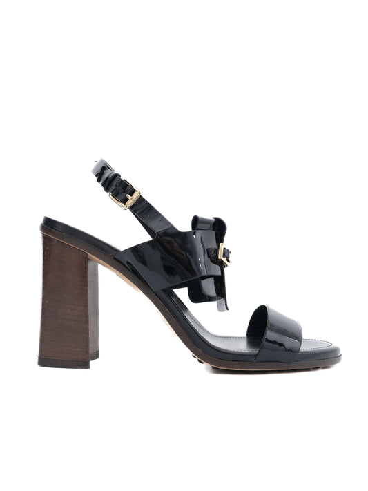Excellent Tod's Black High-Heeled Sandals Size 40 with Gold Buckle