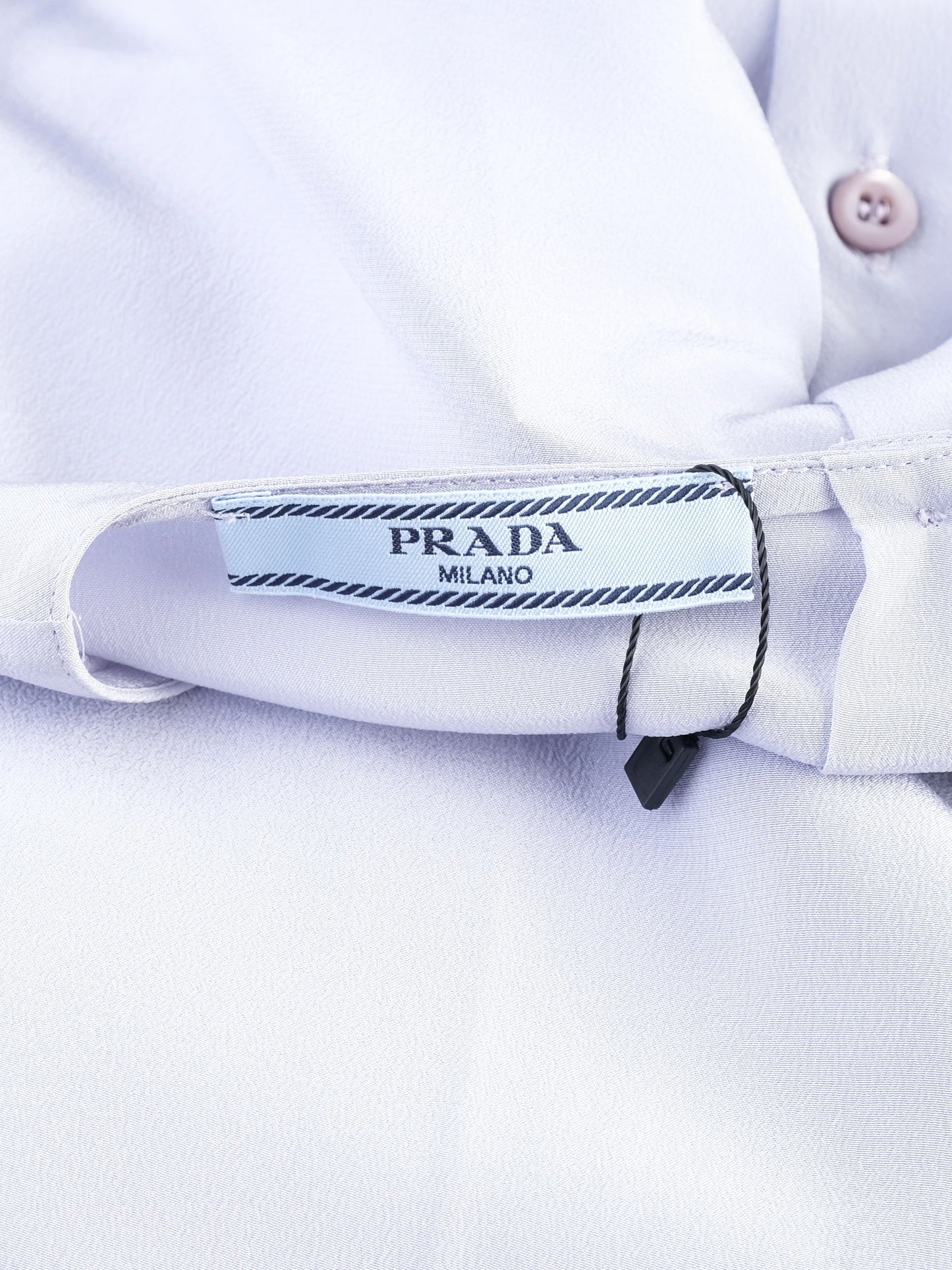 excellent prada gray silk blouse size l with button-up back