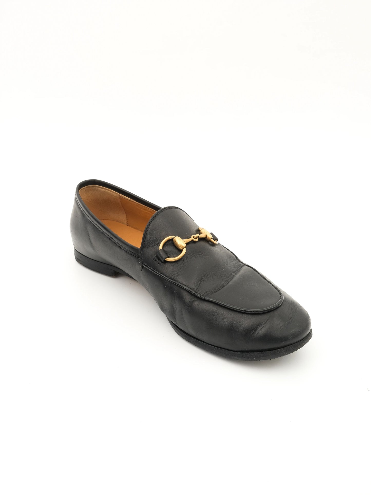 excellent gucci black leather loafers with decorative gold bit
