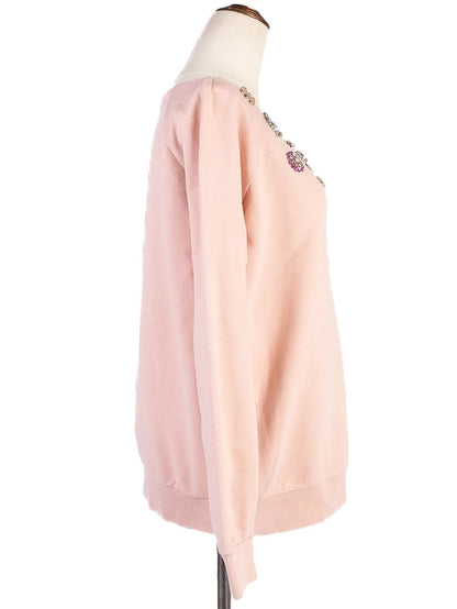 Excellent Intrend Pink Cotton Sweater Size S with Floral Embellishments