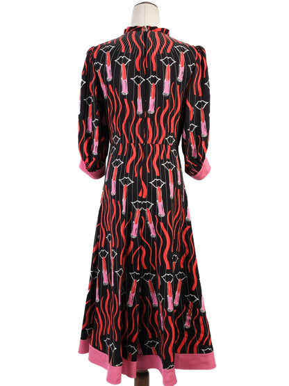 Excellent Valentino Black Dress with Vibrant Lipstick Print Size M