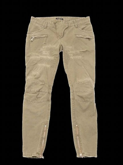 Excellent Balmain Women's Green Pants Size M with Distressed Details