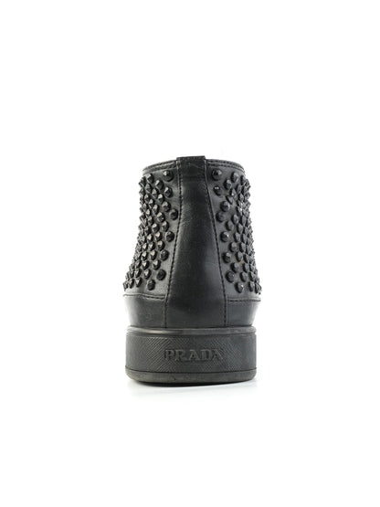 Good Prada Black Leather Slip-On High-Top Sneakers Size 38 with Studs