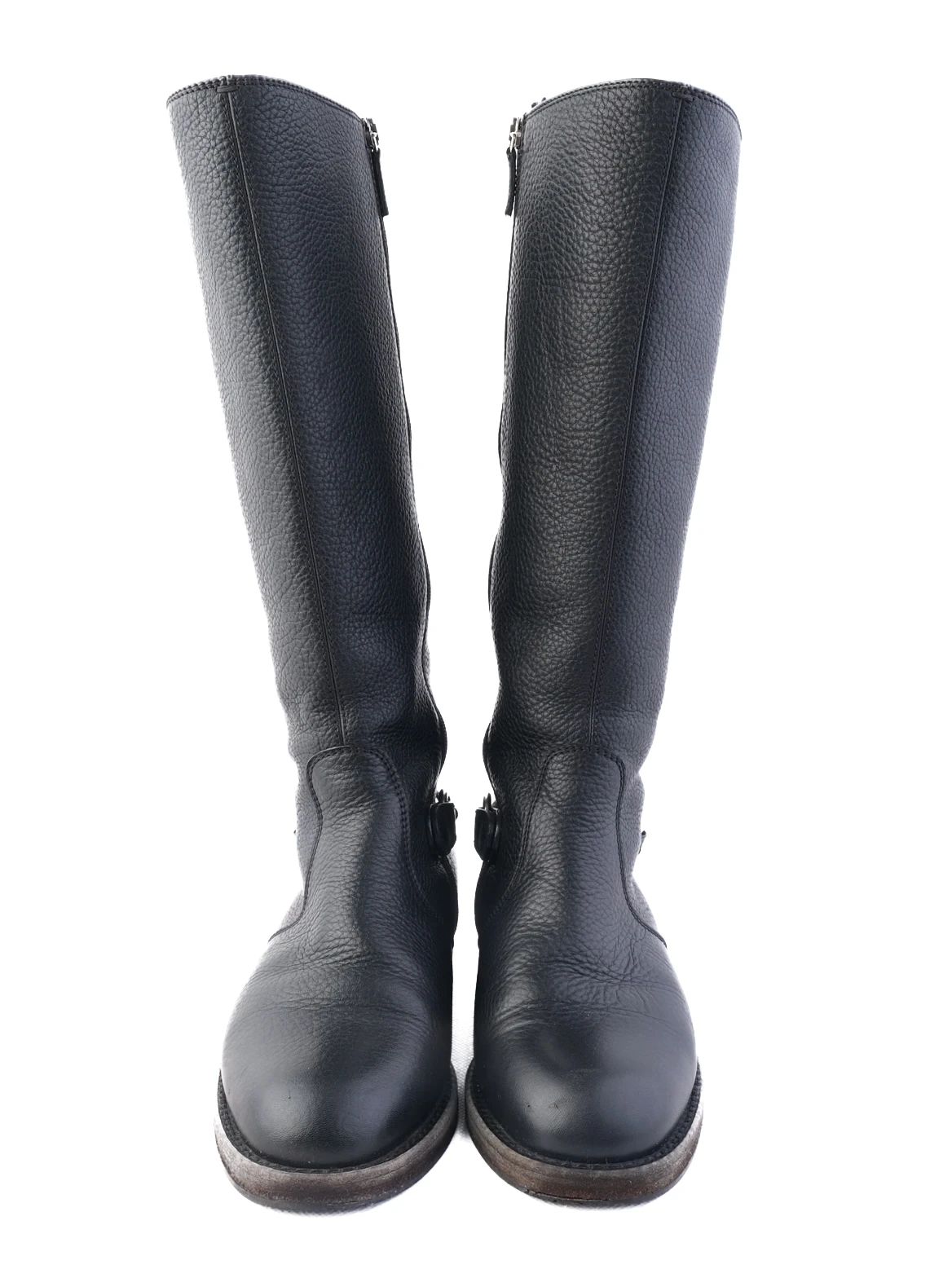 excellent gucci black leather knee-high boots with silver buckle detail