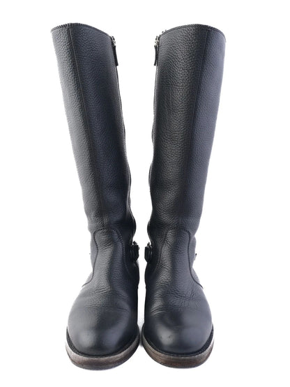 Excellent Gucci Black Leather Knee-High Boots with Silver Buckle Detail