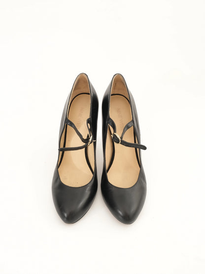 Excellent Nine West Black Leather Mary Jane High Heels Size 37