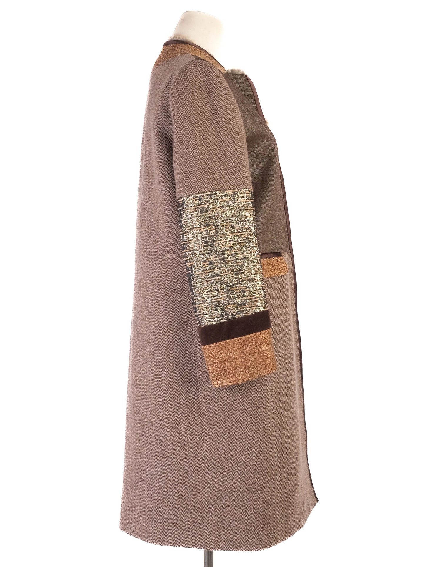 excellent etro patchwork wool coat with fur trim size xs