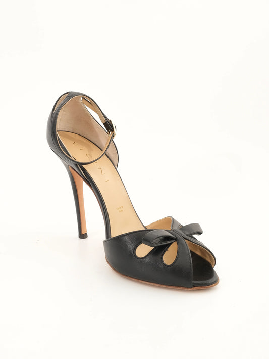 Excellent Vicini Black Leather High-Heeled Shoes Size 37.5 with Bow