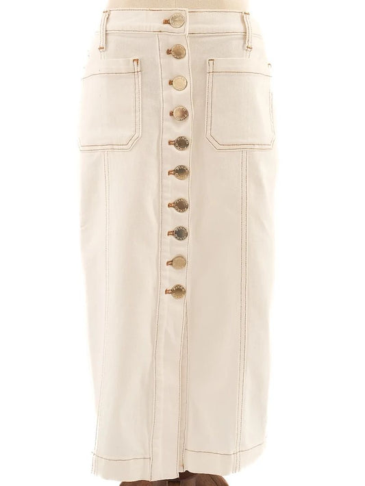 Excellent Pinko White Denim Midi Skirt Size S with Pockets