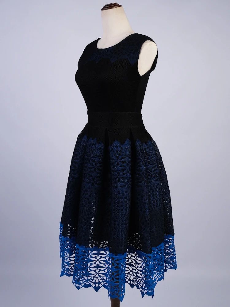 new maje blue lace dress xs sleeveless fitted flared skirt