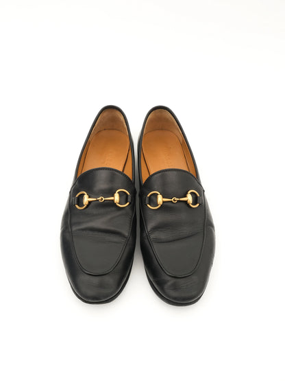 Excellent Gucci Black Leather Loafers with Decorative Gold Bit