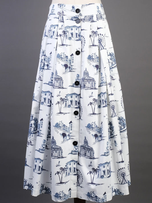 Excellent Maje White Skirt with Blue Toile Print Size S