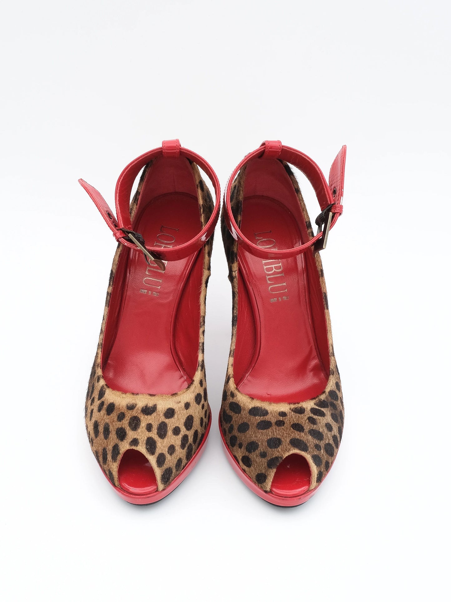 excellent loriblu leopard print high heels with red accents, size 36