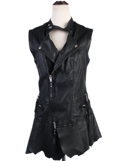 EXCELLENT High Black Leather Vest Size S Edgy Design with Zippered Pockets