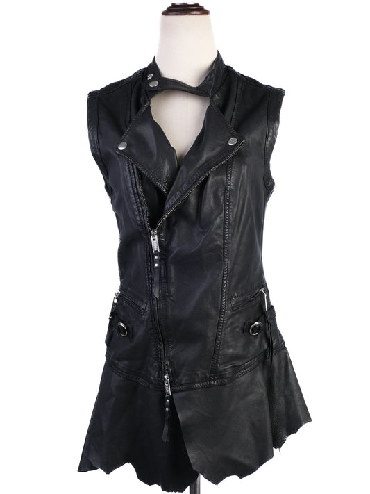 EXCELLENT High Black Leather Vest Size S Edgy Design with Zippered Pockets