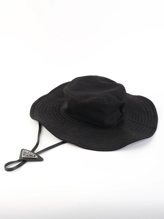 Excellent Prada Black Bucket Hat with Triangular Tag Strap Size M