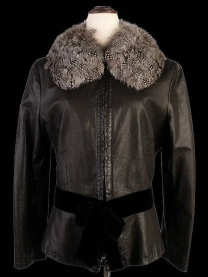 Excellent Emporio Armani Black Leather Jacket Size S with Bow