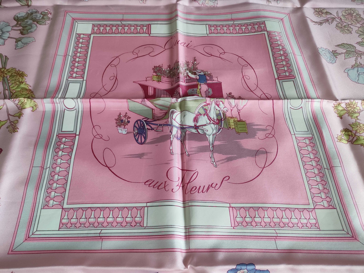 Hermes Carr 90 Quai Aux Fleurs Flowering Coastal Avenue Scarf Pink Silk