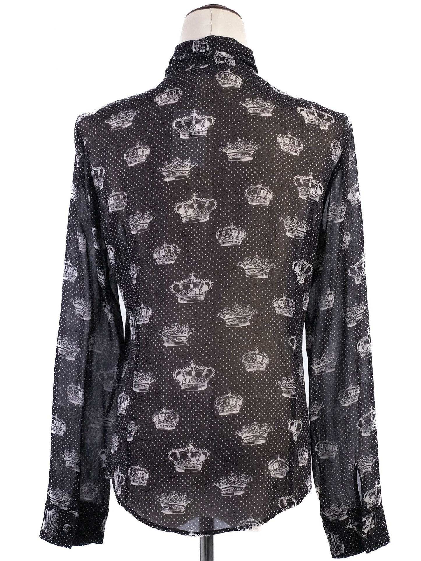 excellent red valentino black silk sheer blouse with crown print