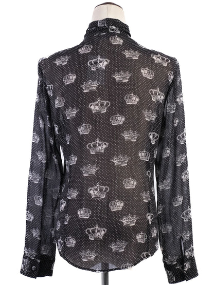 Excellent Red Valentino Black Silk Sheer Blouse with Crown Print
