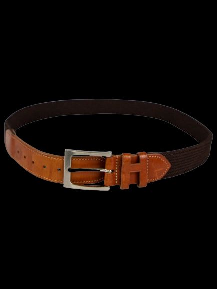 good hackett brown leather & fabric belt with silver buckle