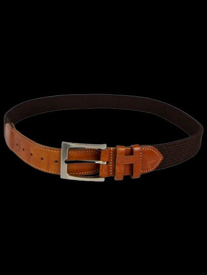 Good Hackett Brown Leather & Fabric Belt with Silver Buckle