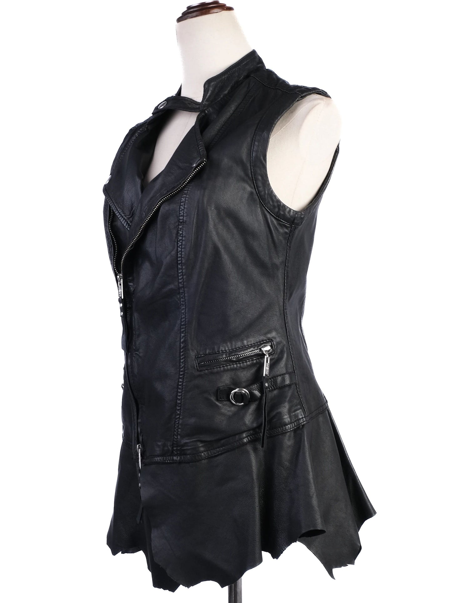 excellent high black leather vest size s edgy design with zippered pockets