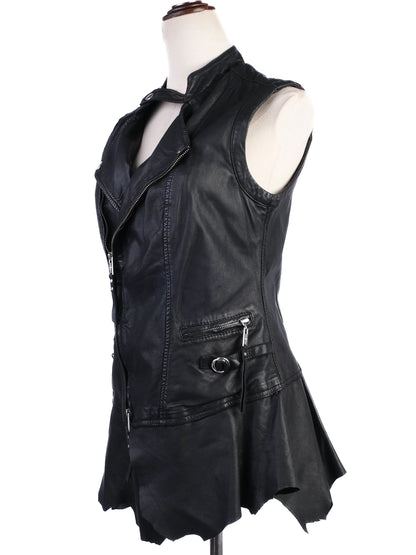 EXCELLENT High Black Leather Vest Size S Edgy Design with Zippered Pockets