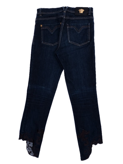 Versace Women's Dark Blue Jeans with Lace Embroidery Size S
