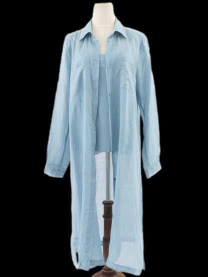 Excellent Max Mara Blue Cotton Sheer Long-Sleeved Shirt Dress