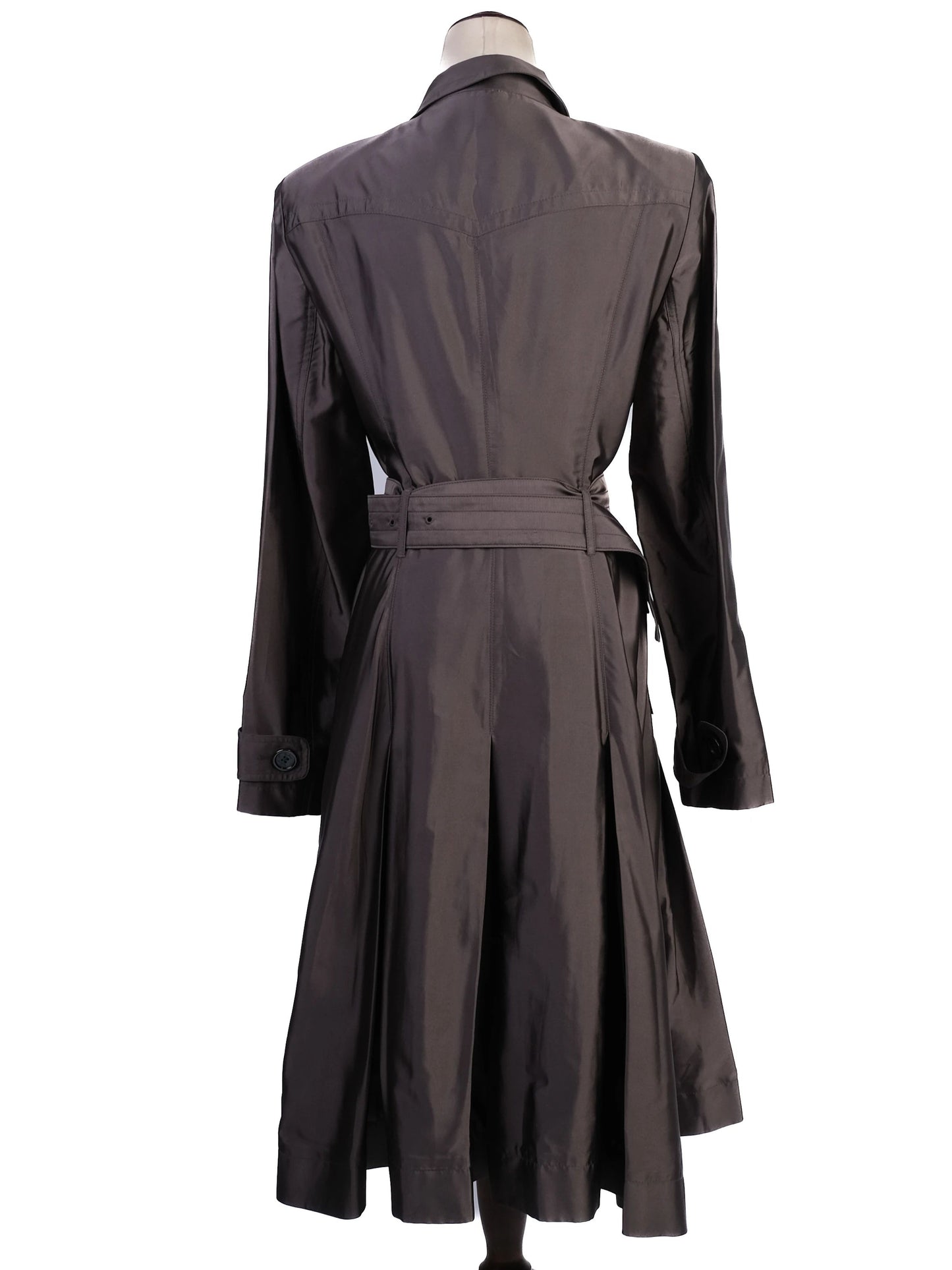 excellent burberry gray silk trench coat with belted waist