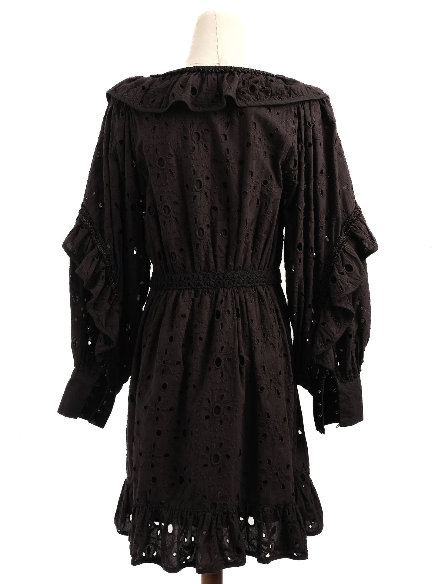 excellent uterque black cotton dress m with ruffle & embroidery details
