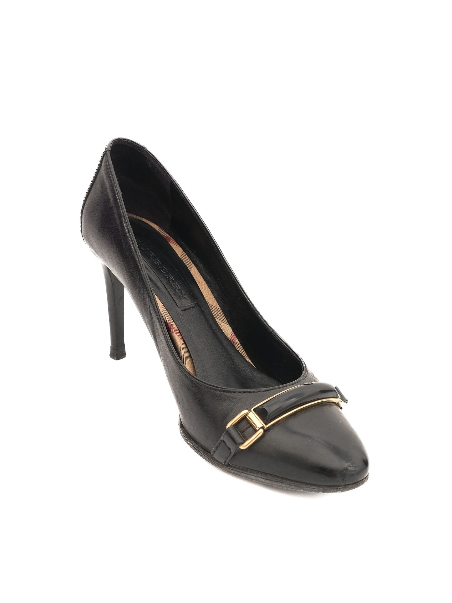 burberry black leather high-heeled shoes size 35 with gold buckle