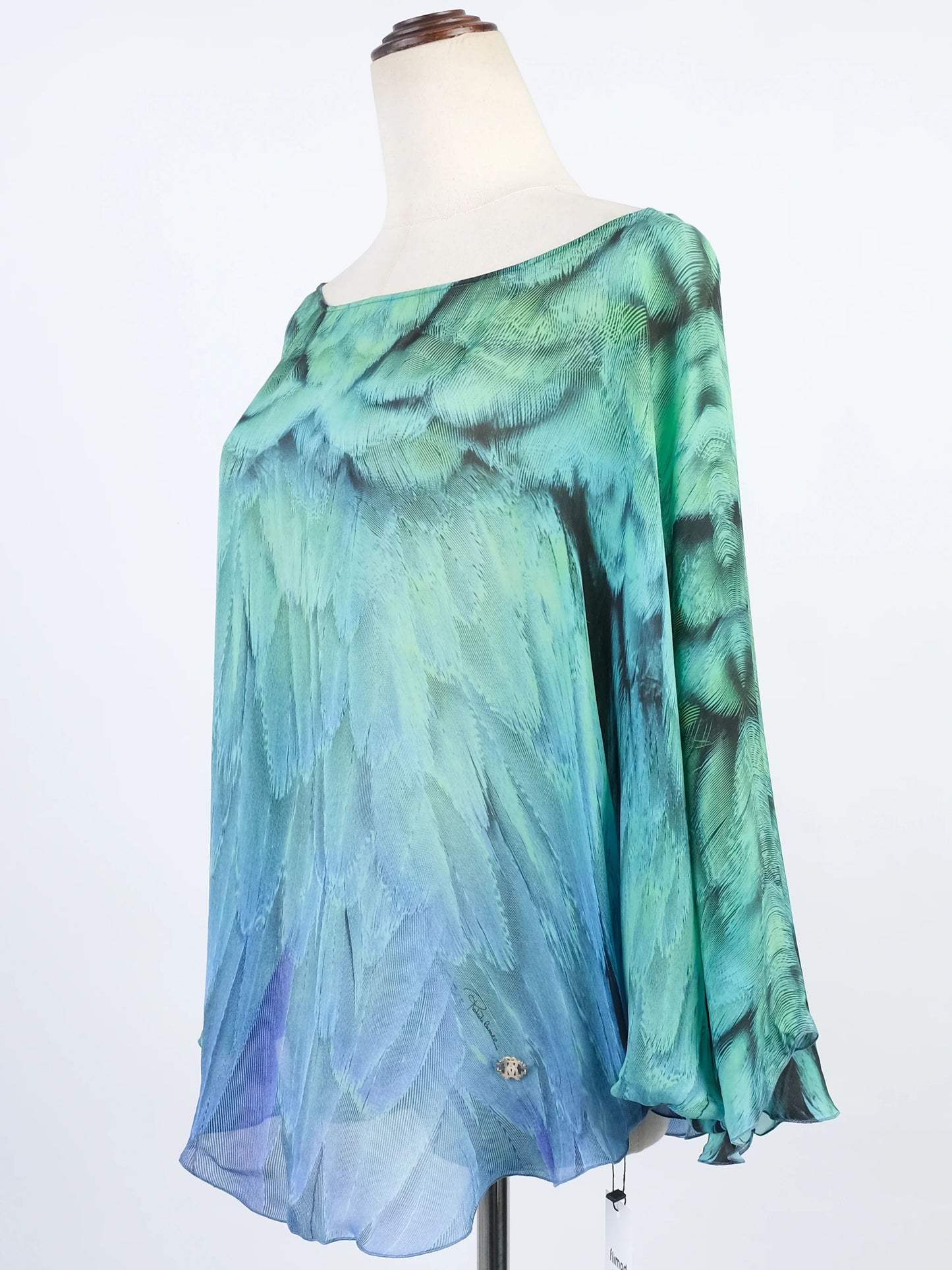 excellent roberto cavalli green silk blouse with feather pattern size l