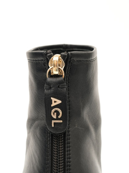 Excellent AGL Black Leather Ankle Boots Size 36 with Block Heel