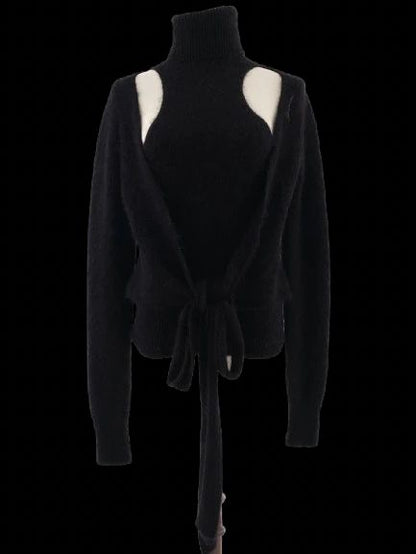Excellent Ganni Black Wool Turtleneck Sweater Size S with Cutouts
