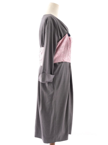 Dior Gray Wool Dress XL with Pink Kimono-Inspired Detail