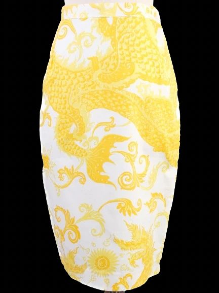 new by malene birger yellow & white pencil skirt xs dragon pattern