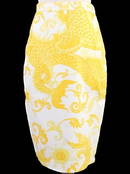 NEW By Malene Birger Yellow & White Pencil Skirt XS Dragon Pattern