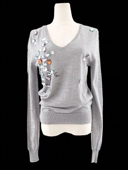Excellent Burberry Gray Wool Sweater XS with Multicolored Embellishments