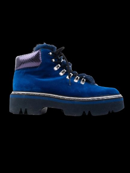 perfect pollini blue velvet boots with fur trim size 37