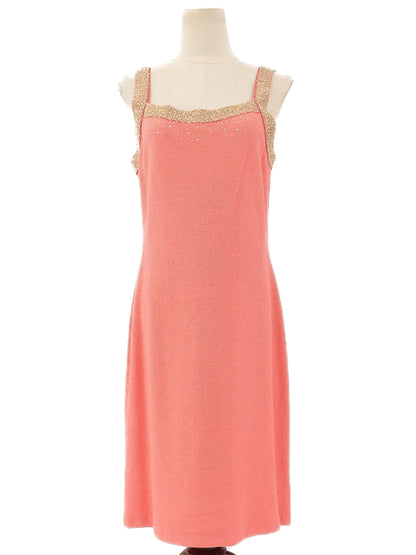 Excellent St. John Pink Wool Sleeveless Dress Size L with Gold Details