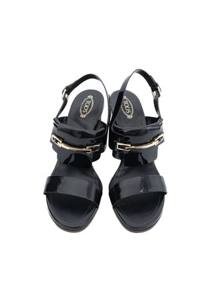 Excellent Tod's Black High-Heeled Sandals Size 40 with Gold Buckle