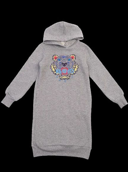 NEW Kenzo Kids Gray Hoodie Dress with Embroidered Tiger Design Size 13