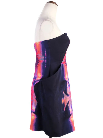 Excellent Alexander McQueen Strapless Dress Large Silk Abstract Print