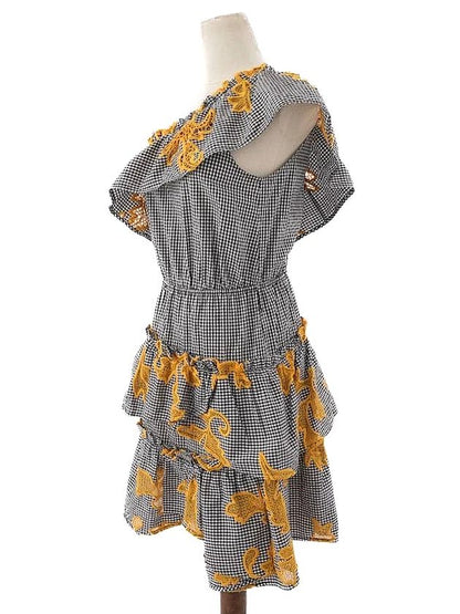 Excellent Sandro Off-Shoulder Dress Black White Checkered Floral Embroidery